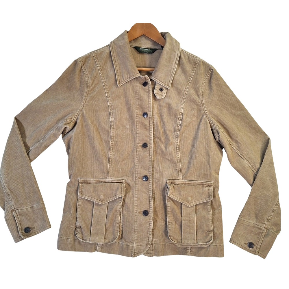 Eddie Bauer Jacket Womens Large Tan Corduroy Utility Field Button Front Pockets